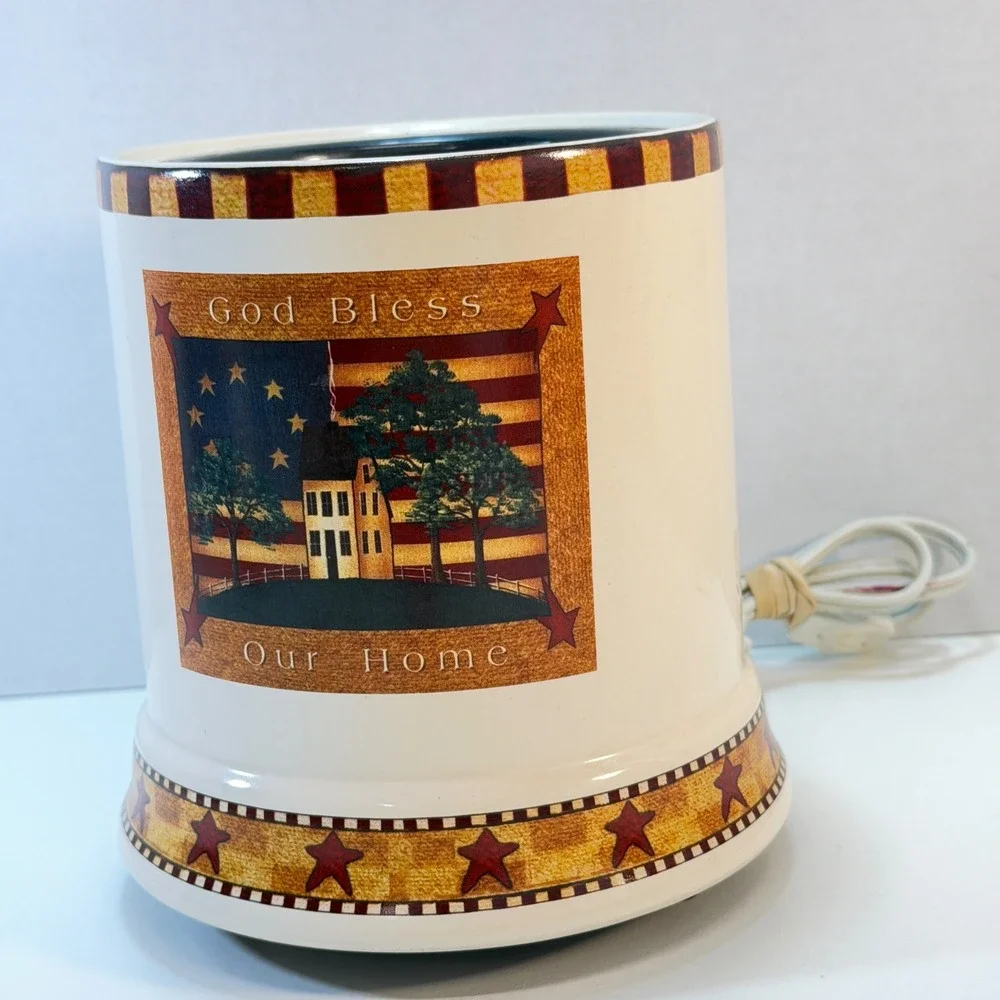 Candle Warmer Set Cream Americana God Bless Our Home 2pc Primative Farmhouse